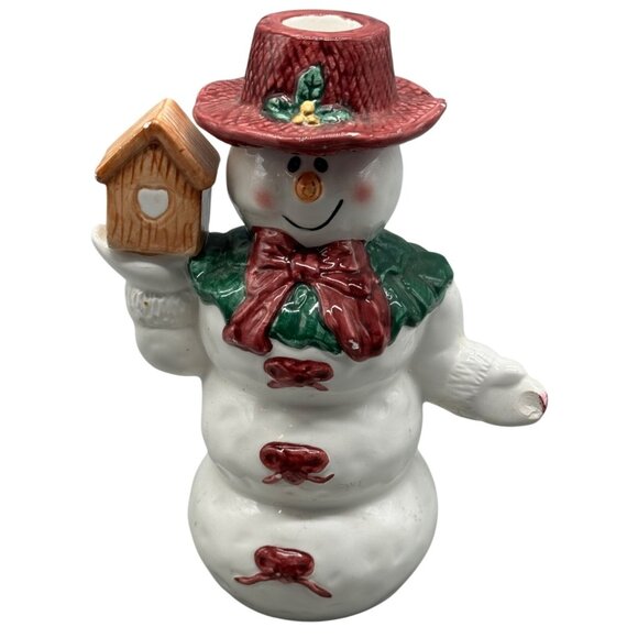 Christmas Ceramic Snowman Taper Candlestick Holder Figurine 8" Tall Used READ - Picture 1 of 10